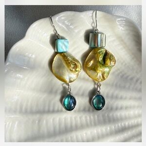 Iridescent Gold and Blue Dangle Earrings